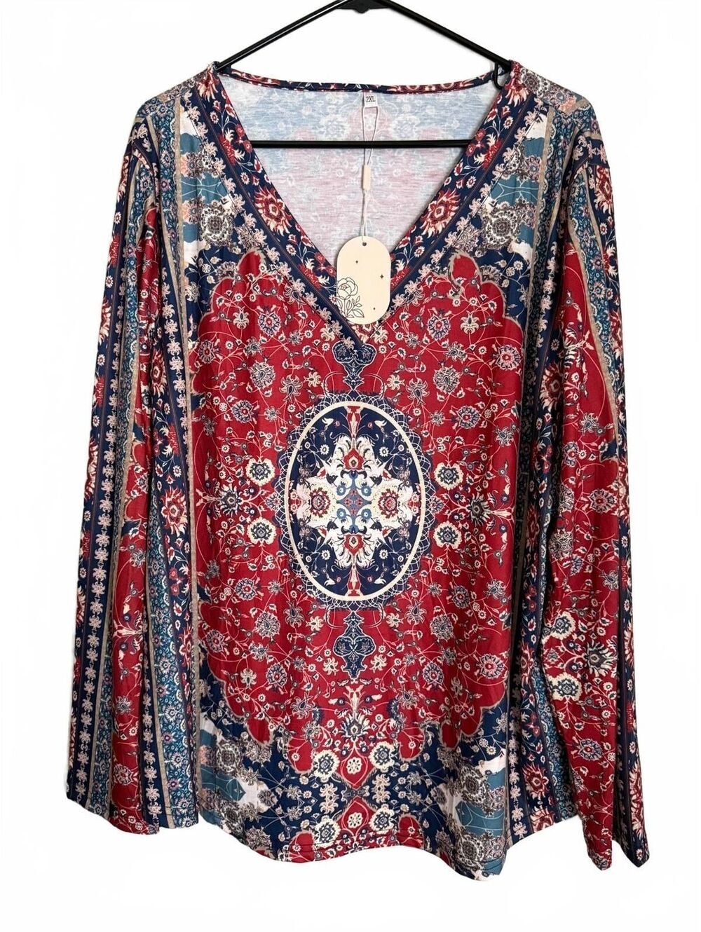 NEW Women's Floral Blouse Size 2X Colorful Peasant Retro City Chic Red BOHO Blue